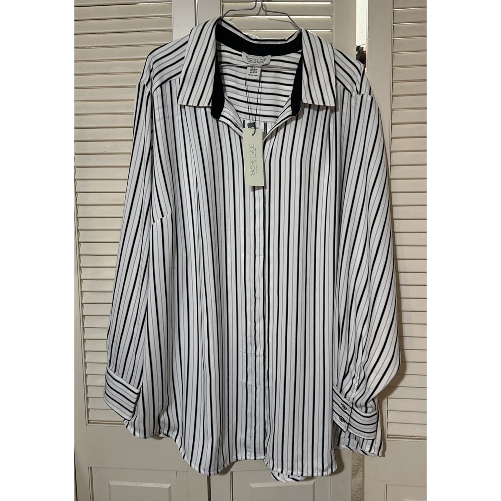 Rachel Zoe Women's Button Up Long Sleeve Blouse White Black Grey Stripe 3XL